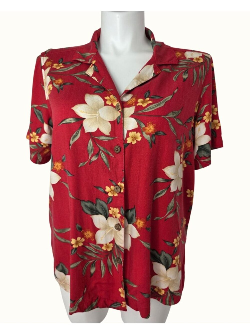 Vintage La Cabana Hawaiian Shirt Womens 1X Red Floral Coconut Buttons Hong Kong